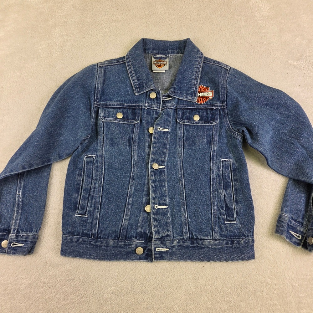 Harley-Davidson Kids Denim Jacket Blue Biker Trucker Graphic Youth Size 8/10